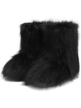 Women's Black Snow Furry Fluffy Comfortable Platform Flat Ankle Mini Boot